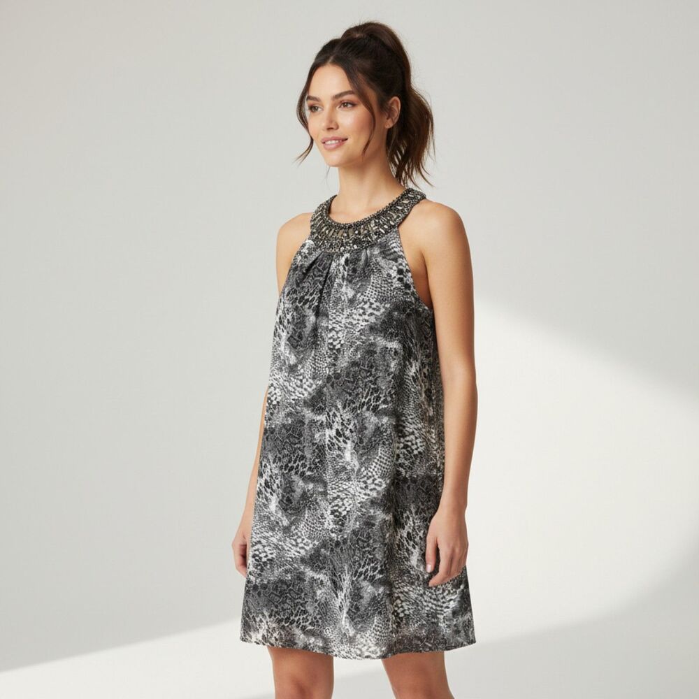 WHBM Halter Dress Sz 0 XS Snakeskin Print Beaded Embellishment Neckline